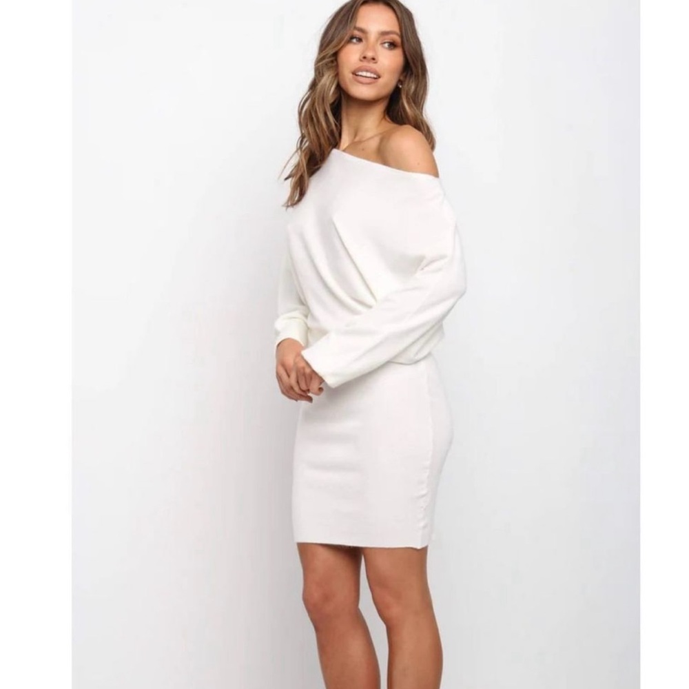 Petal & Pup romantic asymmetric neckline Sweater DRESS WHITE Off the Shoulder 4 - Picture 6 of 14